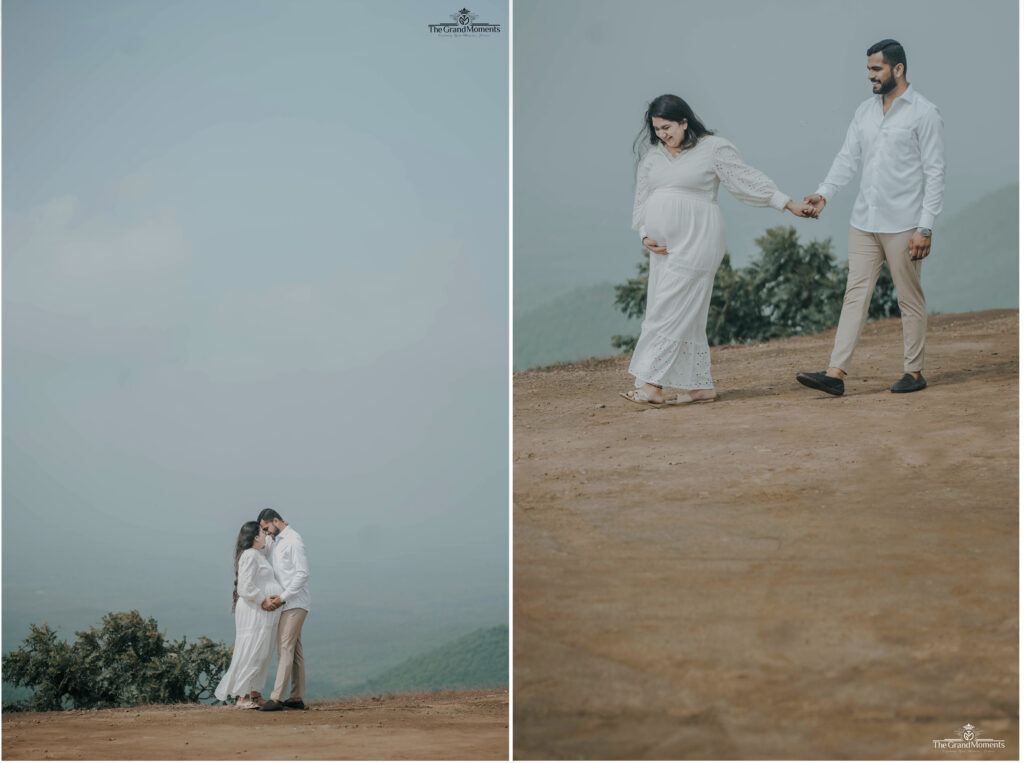 Couple enjoying a peaceful walk during maternity photoshoot in nature